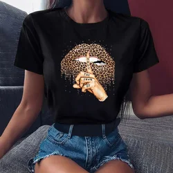 Summer Fashion Shirt Lips Leopard Graphic T Shirt Women Tops Base O-neck Black Tees Kiss Leopard Lip Funny Girls Tshirt
