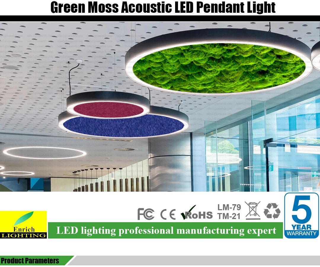 Green Moss Acoustic Ring LED Chandelier Pendant Noise Sound Absorbable Crystal Chandelier Middle Spaces Project Installation