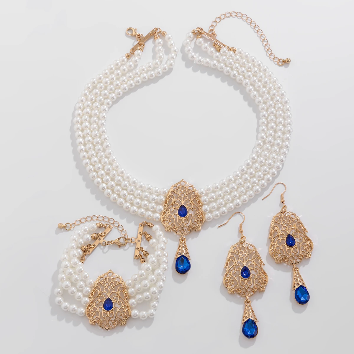 Elegant Imitated Pearl with Multi Color Crystal Choker Necklace Bracelet Earrings Set for Women Trendy Charms Wedding Jewelry