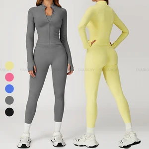 Seamless Women Yoga Wear Long Sleeve Zipper Jacket Set High Elastic Tracksuit Workout Clothing Running Sports Gym Fitness Set