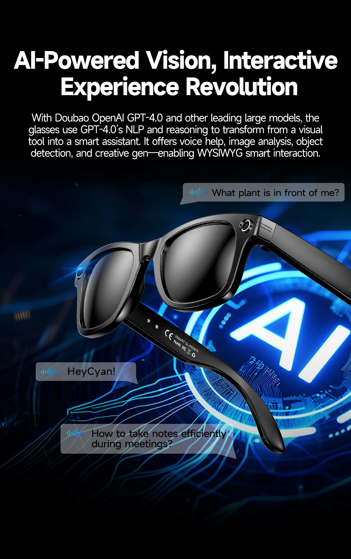 Smart Glasses with Camera ENC Noise Reduction WiFi Image Transmission AI Chatgpt Smart Glasses with Camera and BT Call
