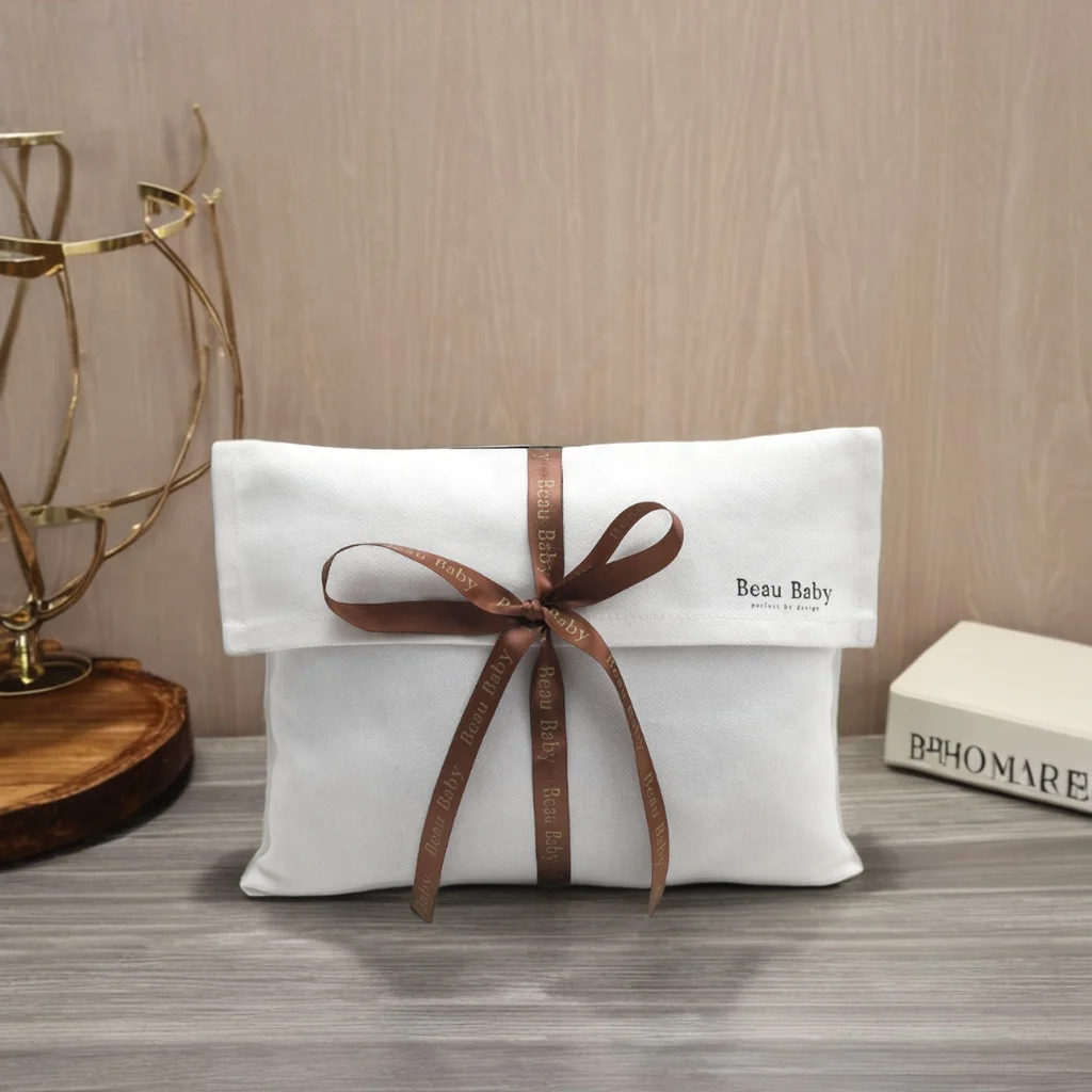 Reusable Custom Logo Printed White Cotton Twill Envelope Pouch Clothes Gift Packing Bag With Ribbon Shoe Handbag Cover Dust Bag