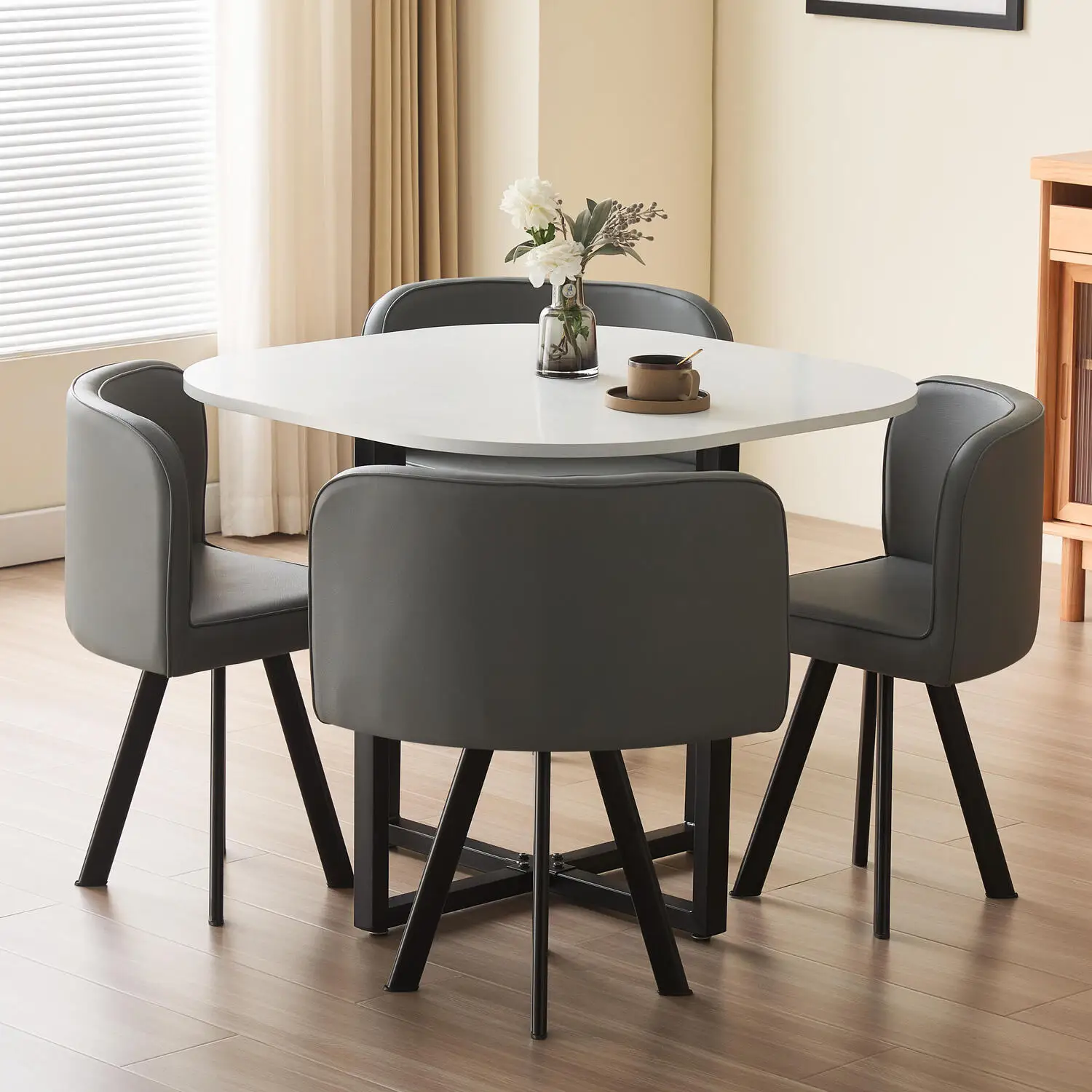 Modern 4-Seater Black Square MDF Wooden Top Dining Table Chairs Set for Home Office School or Hotel Use