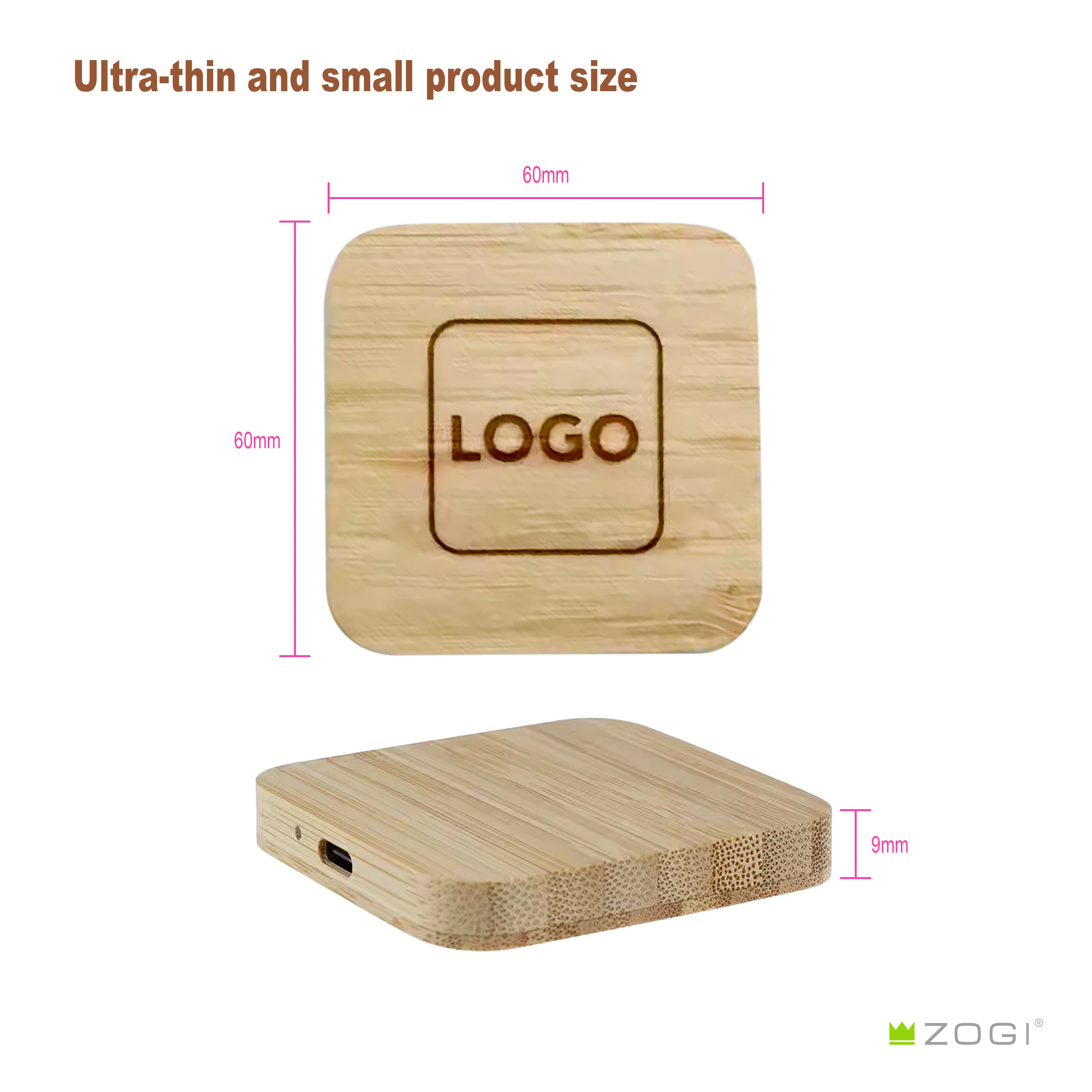 Mini Bamboo Custom Logo 15W Fast Charging Cell Phone Wood Wireless Charger