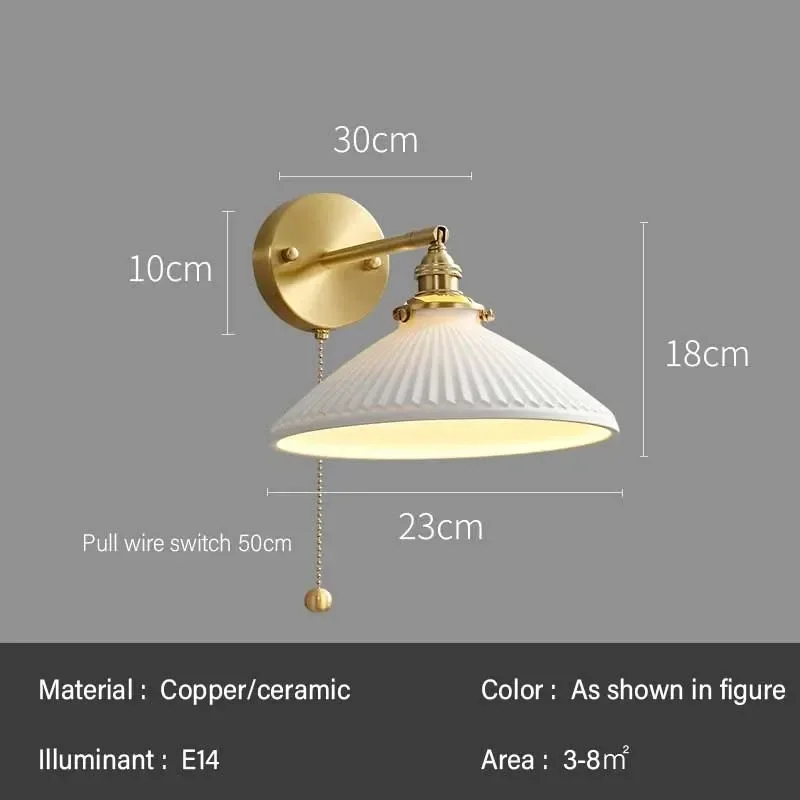 Brass Ceramic LED Wall Lamp Pull Switch Sconce Bedroom Bedside Interior Wall Light Home Decorative Lighting LED Wall Light
