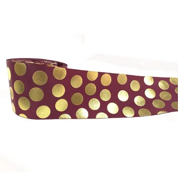 Factory Custom stocked Printed Polyester Roll Satin Grosgrain Customized Ribbon Dot gold bronzing rib tape