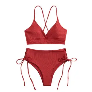 Cikini-V-Neck Split Bikini Set for Women Sexy Lace-up Triangular Swimsuit Solid Color Beach Swimwear Bathing Suit