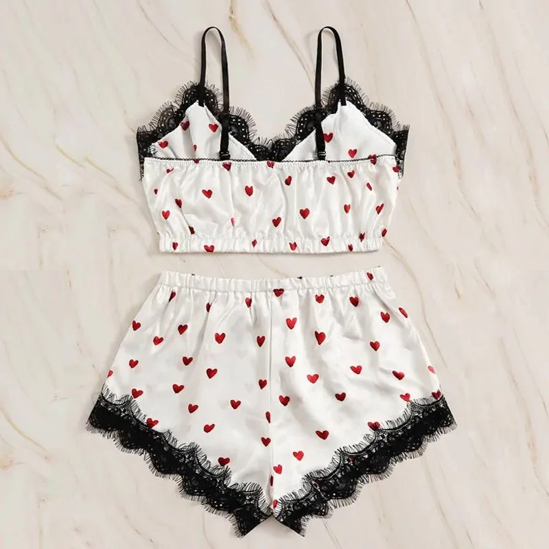 Women Satin Heart Print Pajamas Chemise Crop Top Cami Shorts Set