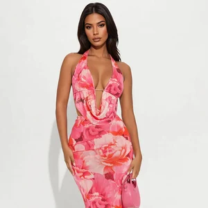 Summer New Casual Pink Satin Halter Two-Piece Maxi Dress V-Neck Design Printed Stretch Sexy Strap Floral Dress Set for Short