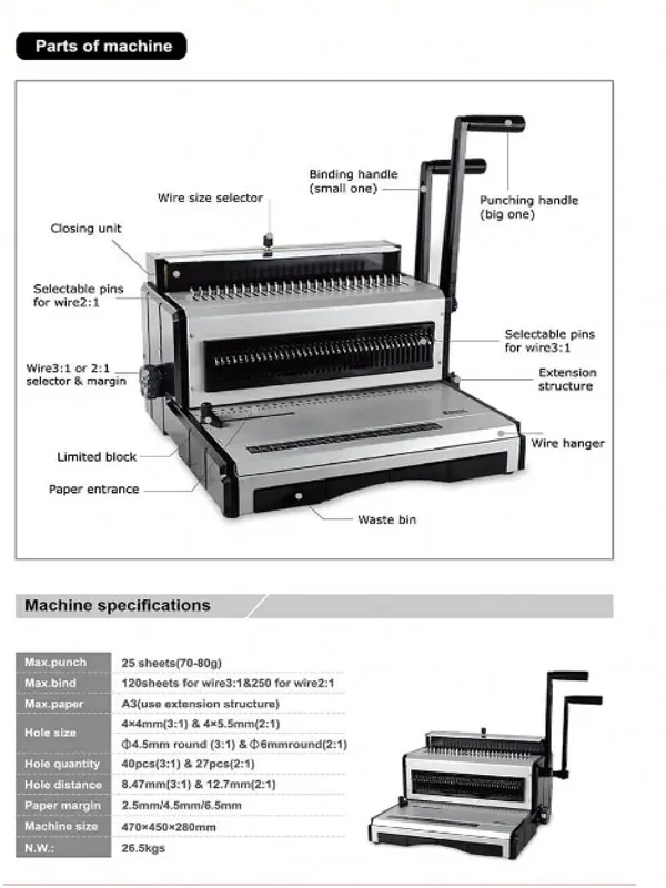 TT2930 40 Holes 25 Sheets Manual Double Wire O All Sizes 3:1 and 2:1 Twin Iron Ring Punching Binding Machine