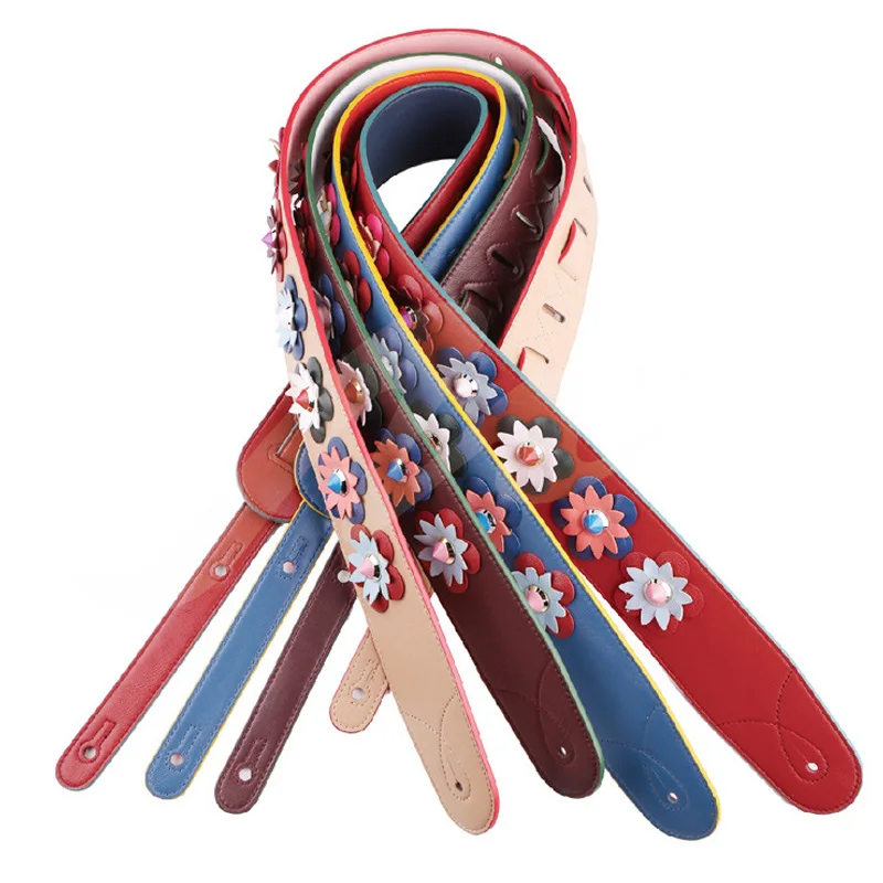 Premium Leather Guitar Straps Handmade Flower Colorful Studs Bass Belt