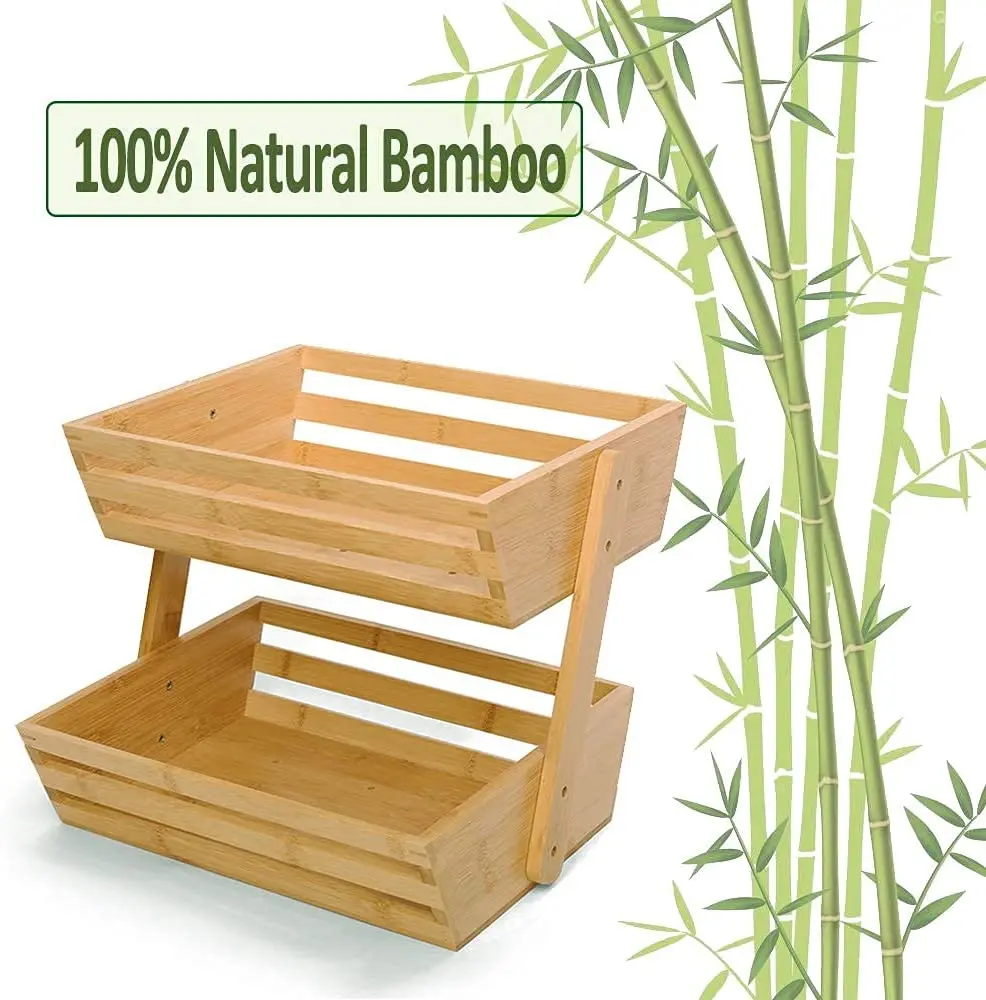 2 Tier Bamboo Kitchen Organizer Fruit Basket Bread Storage Stand ...