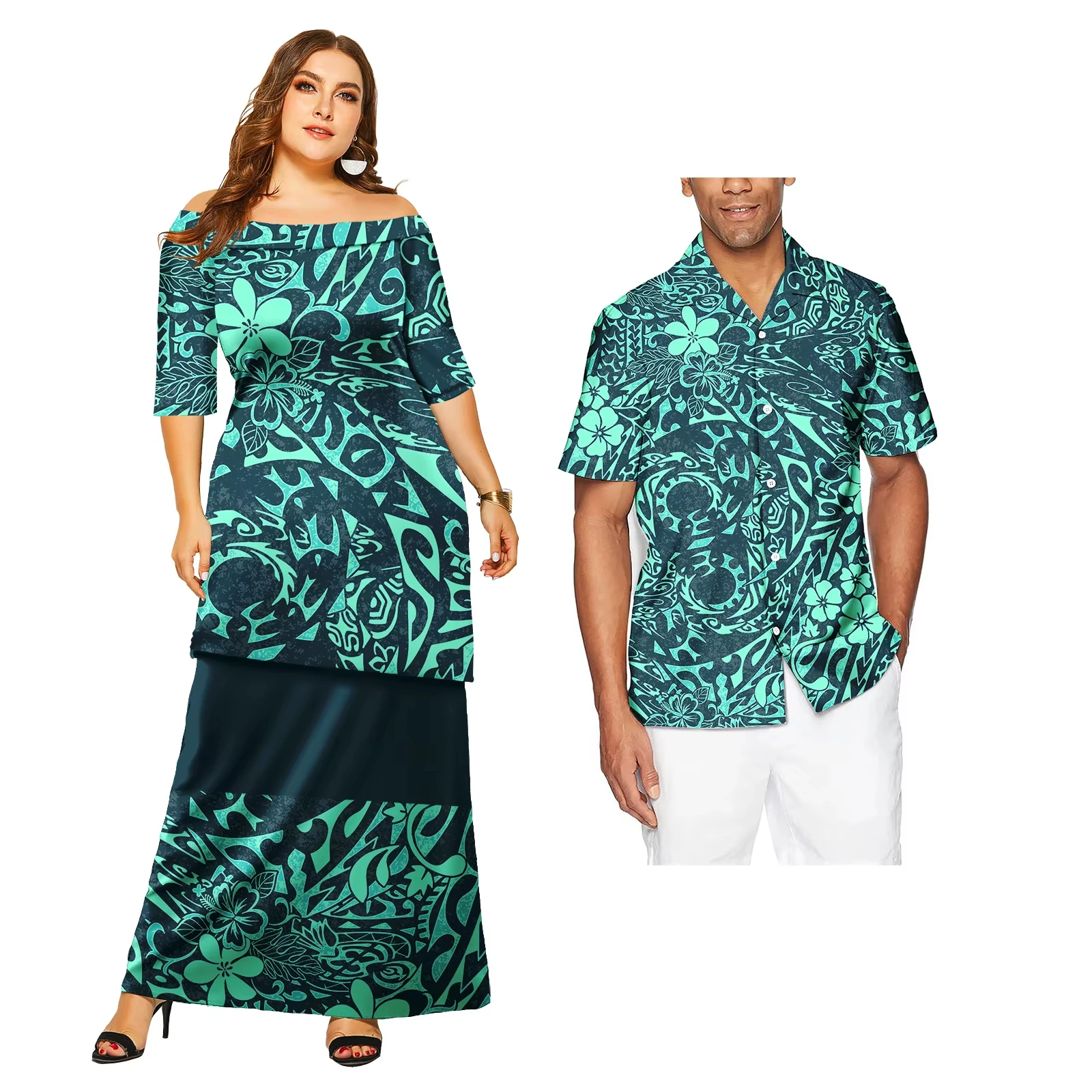 Couples Outfit Sets Samoa Tribal Polynesian Ladies Dress and Men's Top Lovers Matching