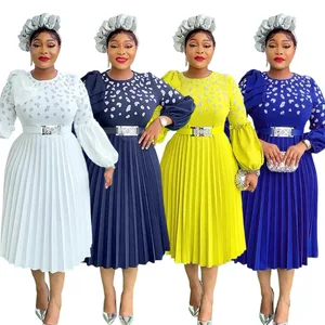 Elegant Church Clothing for Spring & Autumn Casual African Style Dress Plus Size Women's O-Neck Beaded Pleated Dress