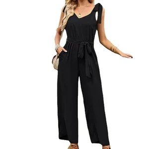 2026 Summer Casual Waist Cinching Slimming Jumpsuit Pants Halter Collar Ankle-Length Solid Pattern Sashes for Commuting