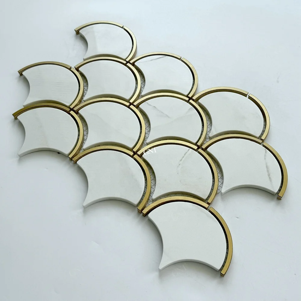High Quality Popular Gold Fish Scale Shaped Fan Shape Marble Look Recycled Glass Mosaic Wall Decoration Tile Metal