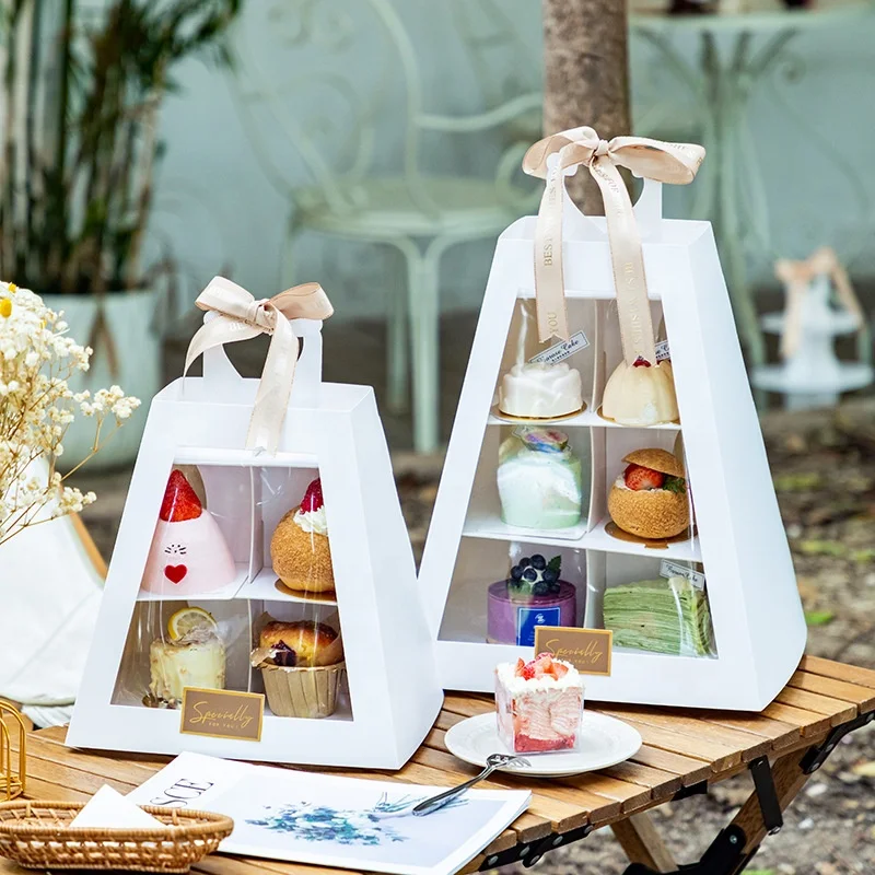 High-end Multilayer Trapezoid Afternoon Tea Dessert Shelf Transparent French Dessert Display Box with Handle