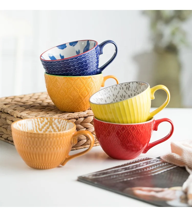 Hot Selling Retro Creative Embossed Ceramic Milk Dessert Cup