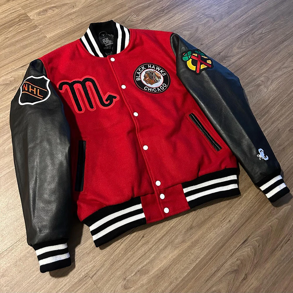 DCY Red Wool Letterman Varsity Jacket Wool and Leather Varsity Jacket Letterman