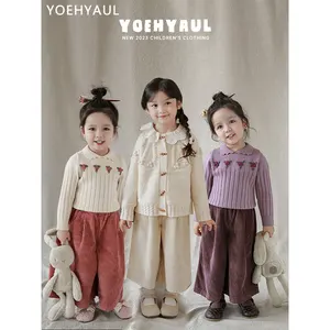 Girls' Thickened Woven Wide-Leg Pants for Winter Children's Lazy and Casual Retro Warm Solid Color Casual Pants