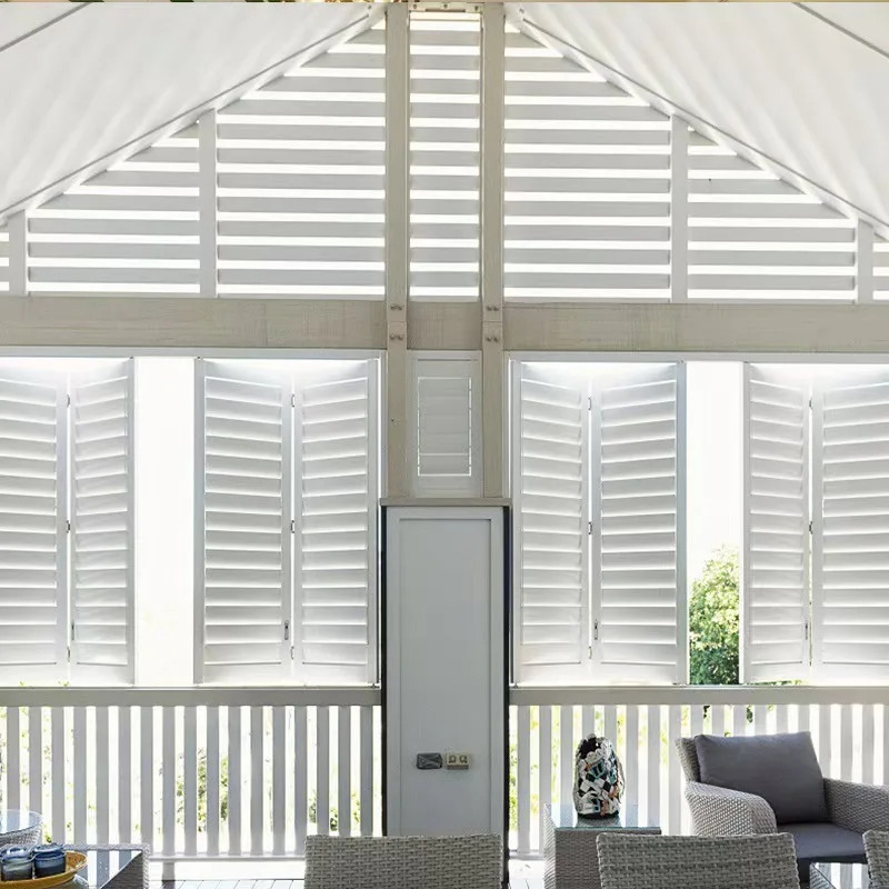 Online Luxury Interior Faux Wood Adjustable Horizontal Plantation Shutter Manual Electric Louvre Folding Wooden Shutter Door