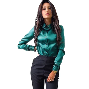 A2107 Women Blouse Elegant Wine red Green Satin Shirt Turn Down Collar Long Sleeve Female Formal Office Blouse Women Tops