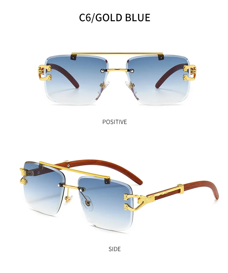 Fashion Leopard Double Bridge Square Rimless Sunglasses Men Luxury Brand Wood Grain Leg Light Blue Sunglasses