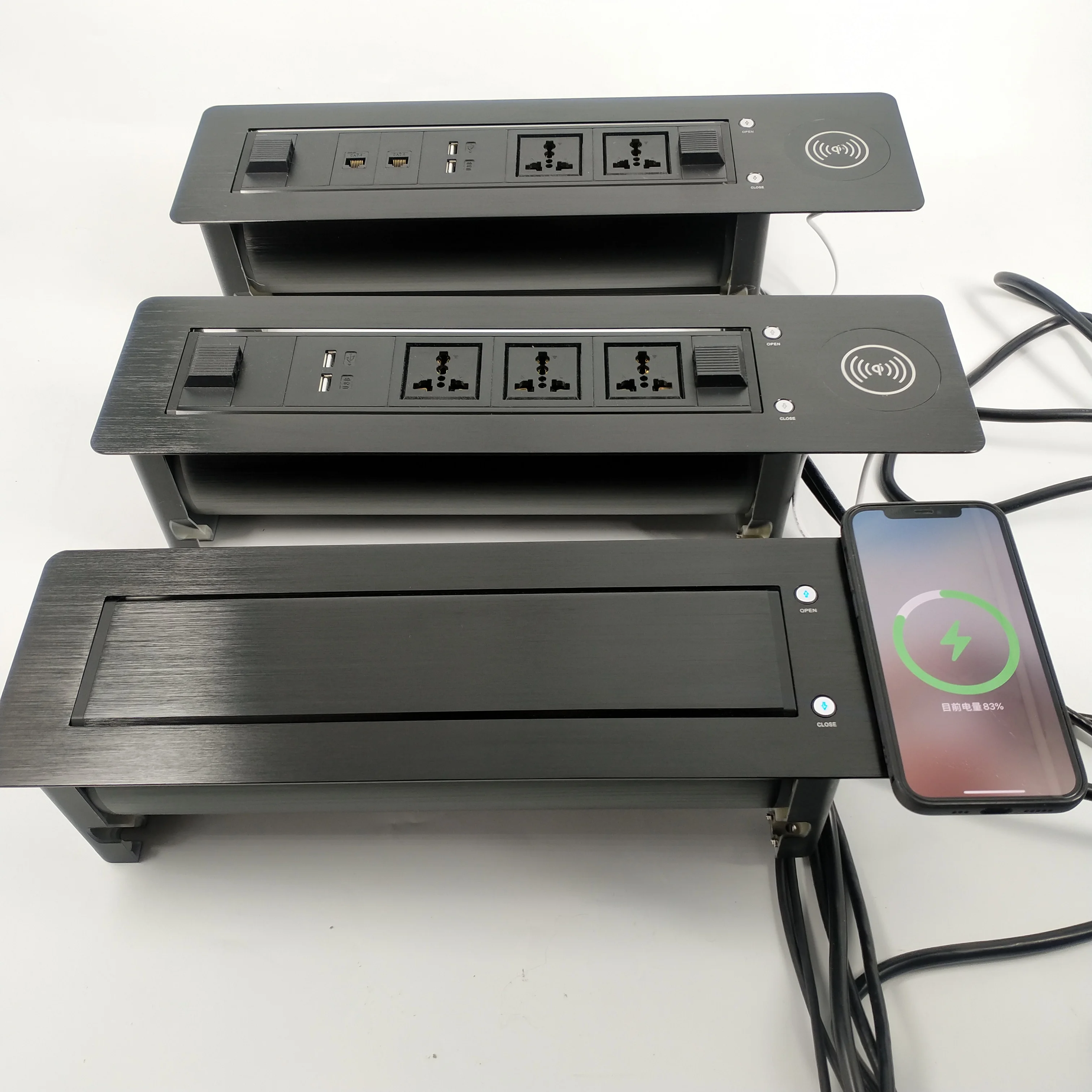 Table Hidden Desktop Rotating Cable Cubby Electrical Socket Panel Motorized Flip Tabletop Socket with Fast Wireless Charger