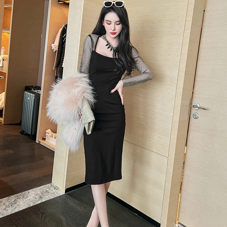 ZYHT 20004 2025 Spring New Cross Border Female Hepburn Style Temperament Black Mesh Long Sleeve Stitching Tight Dress for Women