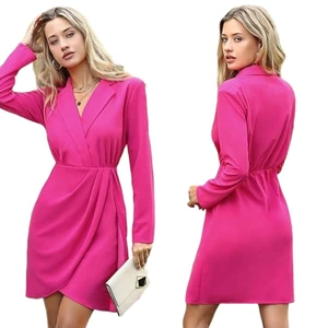 Women's Long Sleeve Wrap V Neck Bodycon Formal Work Dress Ruched Chiffon Anti-Wrinkle Elegant Mini Cocktail Dress