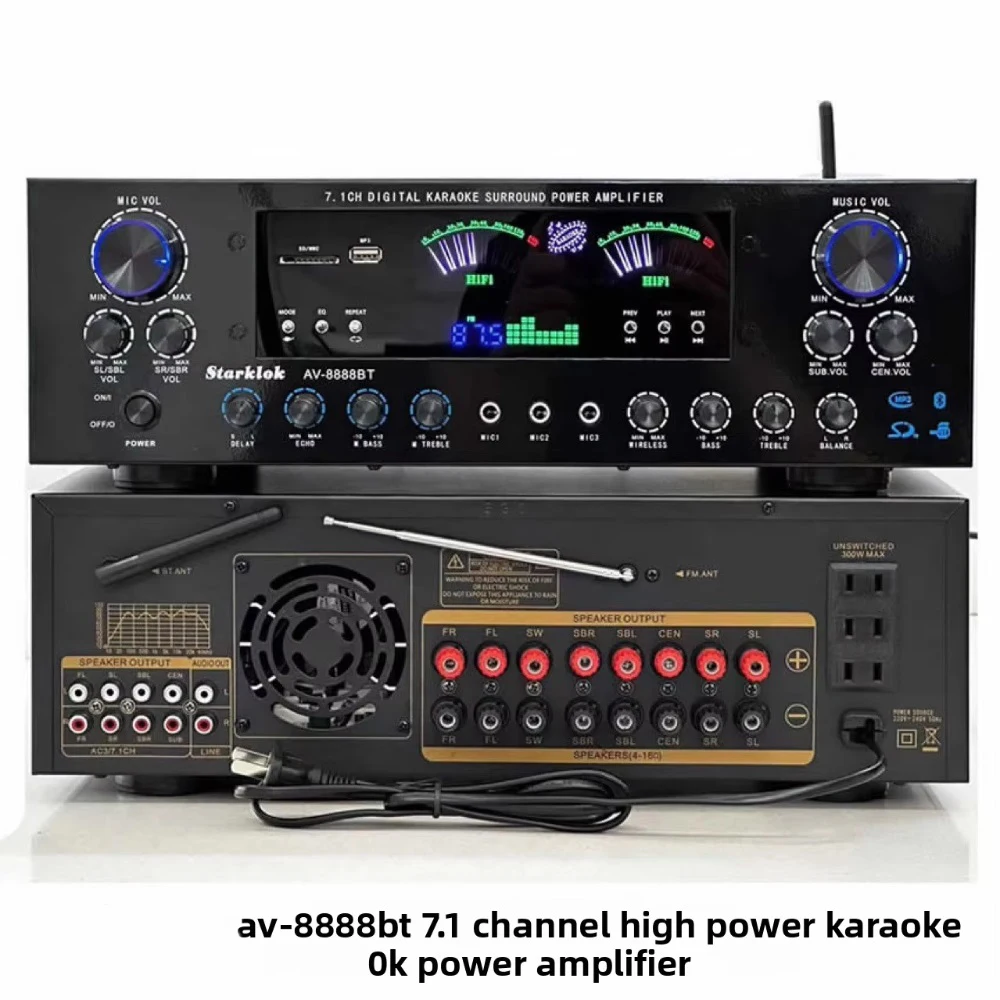 AV-8888BT Professional 7.1 Channel 2000W Ultra-High Power Home Theater Amplifier BT Wireless Home KTV Surround Sound System