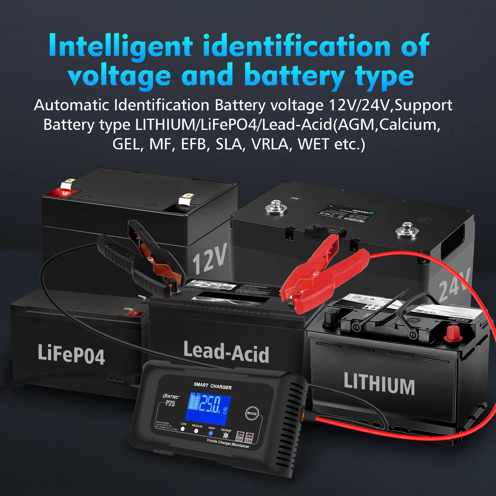 HTRC P25 Smart Battery Charger for Car Motorcycle Battery Repair Auto Moto Lead Acid AGM GEL Lithium LiFePo4 Batteries