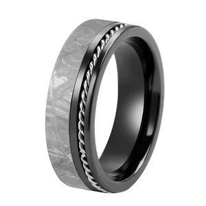 8mm Comfort-Fit Black Zirconium Wire Cable Inlay With Genuine Muonionalusta Meteorite Mens Tungsten Wedding Ring