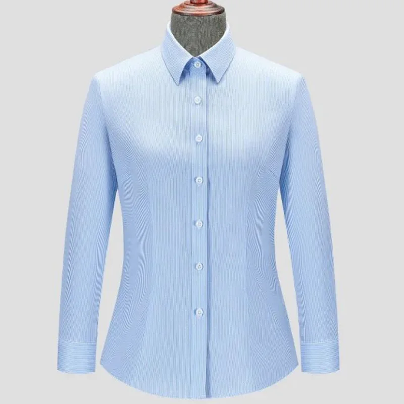 Classic Design Lady Striped Long Sleeve Staff Uniform Women's Dress Shirt Cotton Business Casual Slim Fit Ladies Blouse