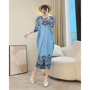 Noble Middle-aged Mother Casual Floor-Length Printed Long Dress Wide Breathable Bodycon Velvet Summer Miyake New