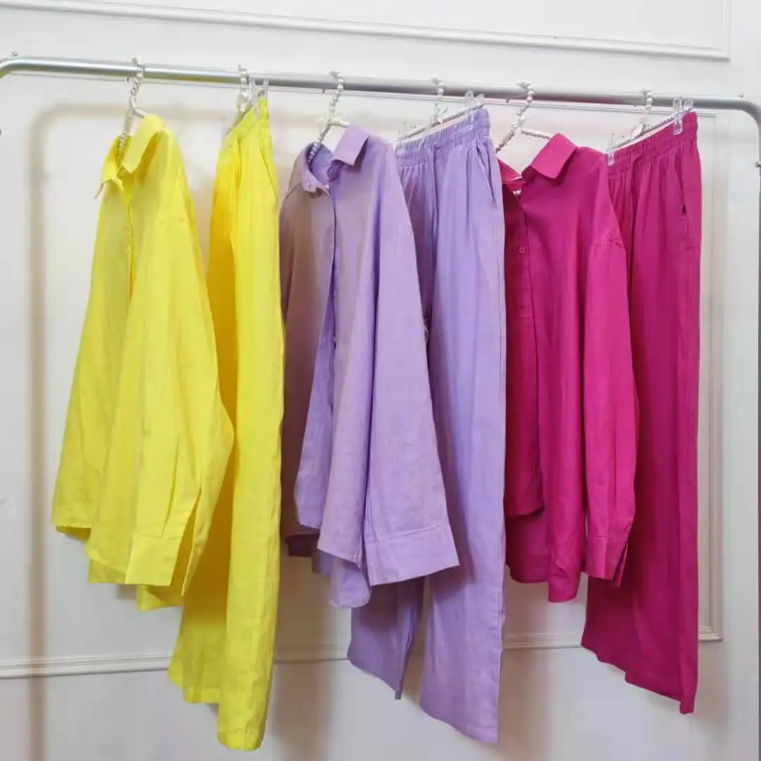 Mezcla De Ropa Fall Wom Linen Women Clothing Bulk Neon Solid Long Sleeve Shirts And Pants Casual 2Pc Sets