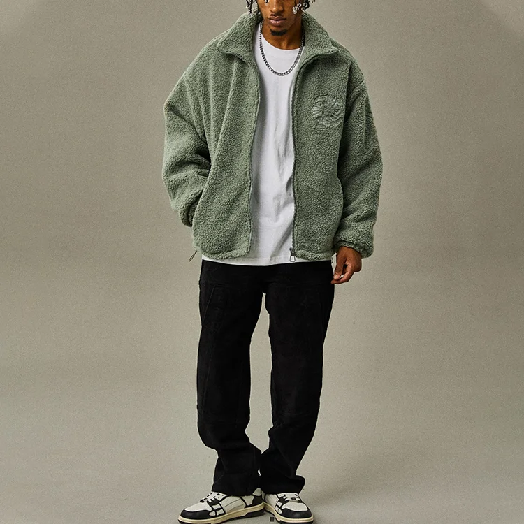 Custom Stand Collar Men's Embroidery Zip Up Sherpa Fleece Jacket_voghion.com