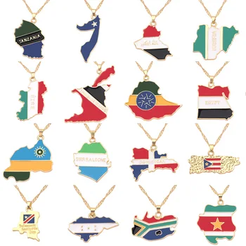 Factory Enameled Africa America Asia Europe Country Flag Necklace World Map Necklaces for Women