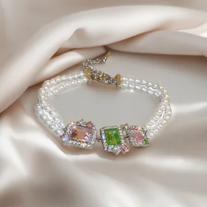 Woman Custom Imitation Pearl Beaded Bracelet Special Rhombus Shaped Zircon Copper Bracelets Wedding Jewelry Fashion Jewellery