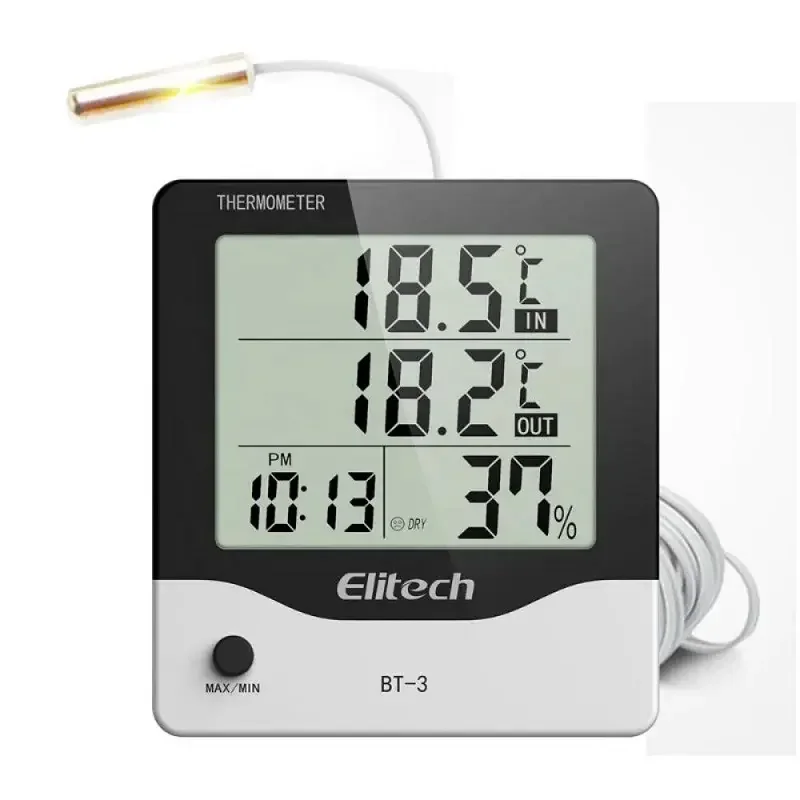 Elitech BT-3 Digital Hygrometer Thermometer Large LCD Display Min/Max Value Clock Indoor/Outdoor Plastic OEM Customizable