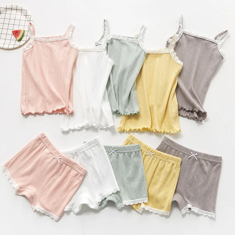 Детская одежда для малышей, детские летние комплекты одежды для маленьких девочек, Хлопковый вязаный жилет и шорты с кружевом, одежда для малышей, короткий комплект