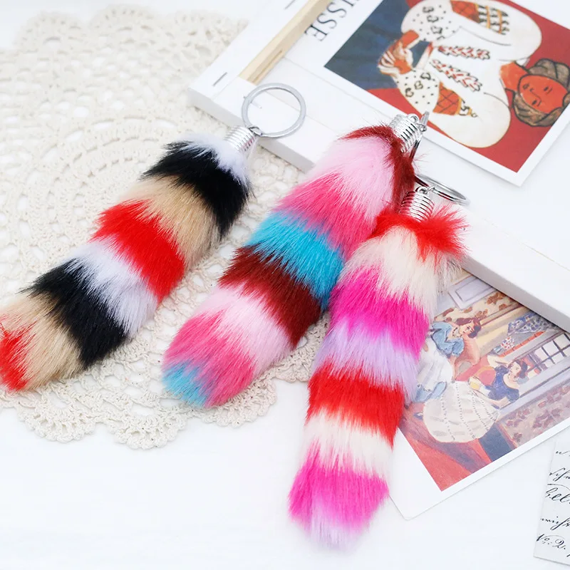 Assorted Color Faux Lucky Rabbit's Foot Key Chains  Plush Multi-color Rainbow Rabbit Foot Keychain Key Rings Handbag Charms