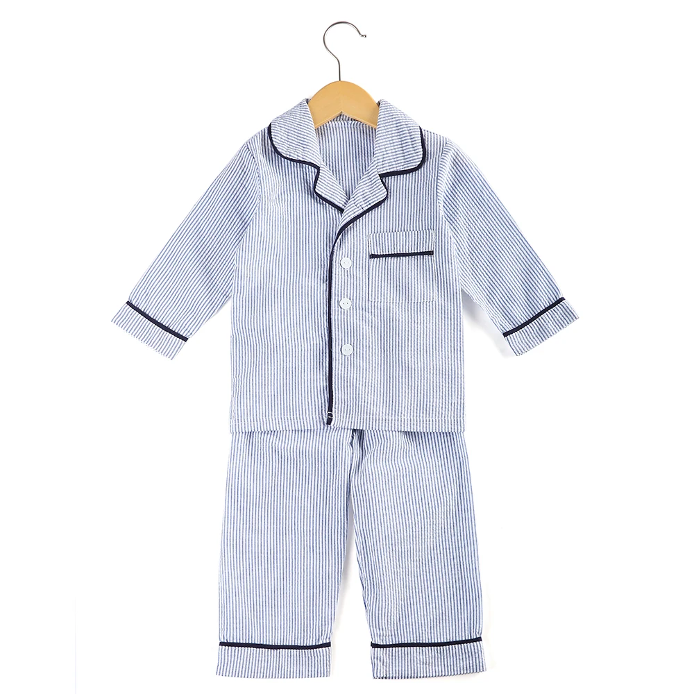 Одежда для маленьких мальчиков ткань в крепированную полоску пижамный комплект с отложным воротником для девочки, детская одежда, пижама для девочек, одежда для сна, пижама с длинными рукавами