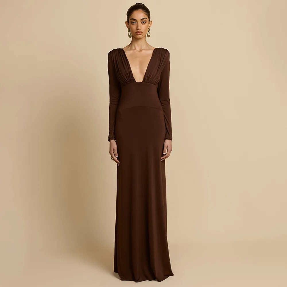 YY0027 Brown Maxi Casual Dress for Women Autumn Long Sleeve Backless Deep  V-Neck Casual Dresses| Alibaba.com