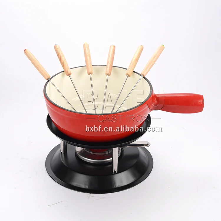 2-Quart Enamel Cast Iron Fondue Set Cheese Melting Pot Metal Stand with  Stainless Steel Forks and Burner