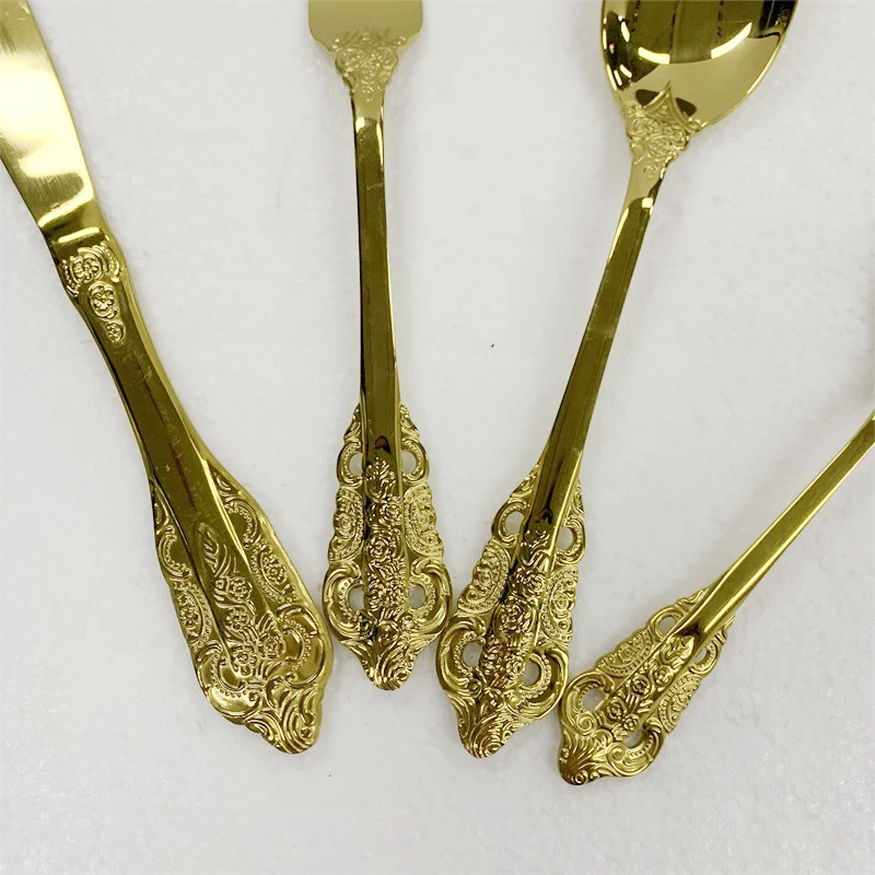 4 Pcs Flatware Vintage Spoon Knife Gold Teaspoon Fork Royal Palace Retro Carved Silverware Cutlery Stainless Steel Tableware Set