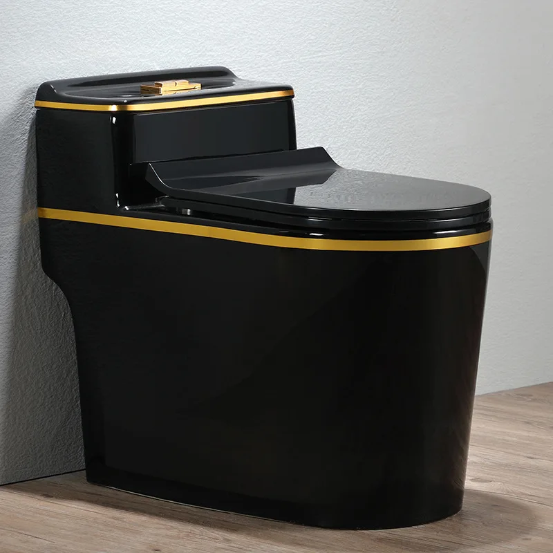 Good quality custom luxury design floor mounted wc black gold line colored water closet bathroom ceramic one piece toilet bowl details