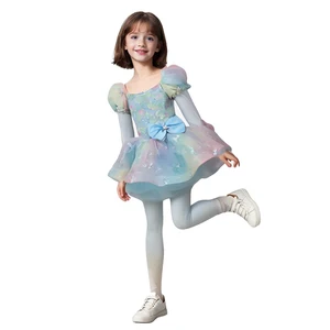 Customizable Puff Sleeves Bow Girls Dress O-Neck Crocheted Mesh Casual Style Tulle Kid Dress