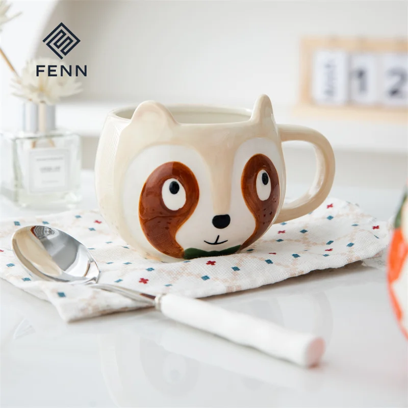 2Pcs 14oz Unique Animal Fox Cat Shape Handpainted Ceramic Present Mug 3D Animal Modle Porcelain Cute Coffee Mug