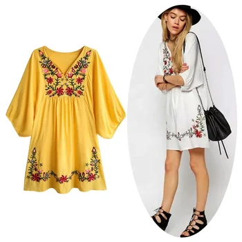 Womens Casual Dresses Embroidered Long Shirt Mexican Peasant Blouse Loose Oversized Tops White Summer Dress